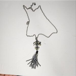 TALBOTS Cluster Tassel Necklace Silver Color Soft Yellow Gray Long Tassles